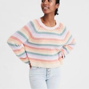American Eagle Pastel Striped Rainbow Knit Cropped Sweater Size Medium